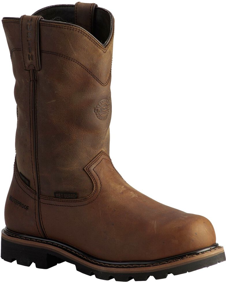 Justin Men's Wyoming Waterproof Internal Met Guard Pull-On Work Boots, Brown, hi-res