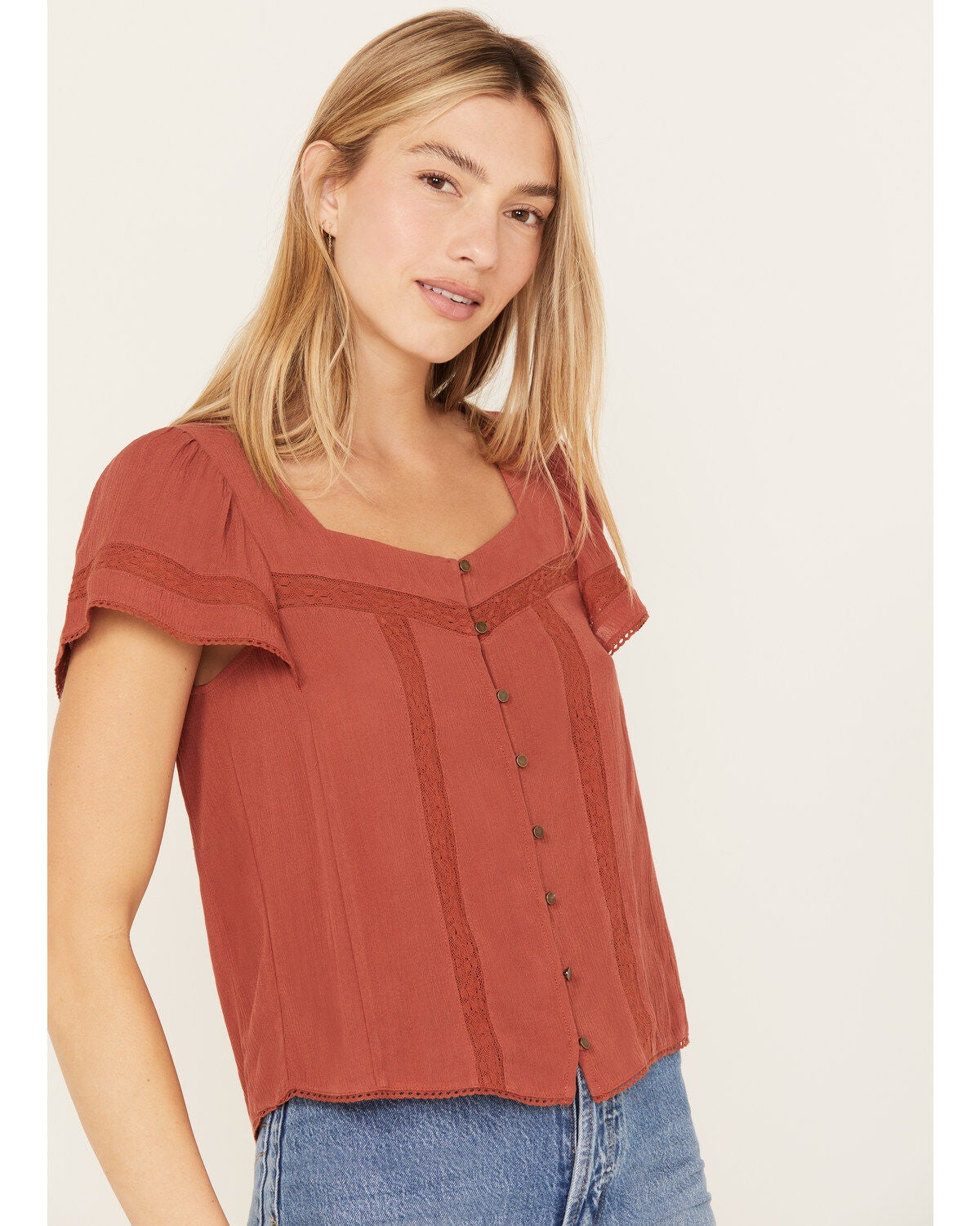 Jolt Women's Button Front Square Neck Peasant Top, Rust Copper, hi-res