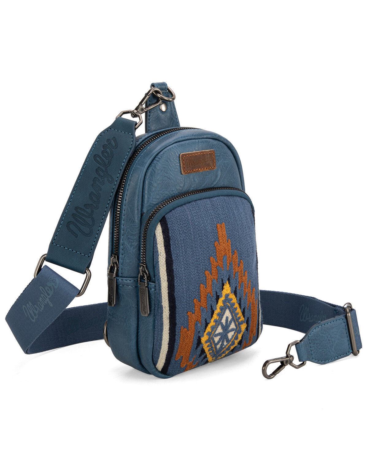 Image #1 - Wrangler Women's Daenery's Winter Southwestern Knitted Sling Bag, Blue, hi-res