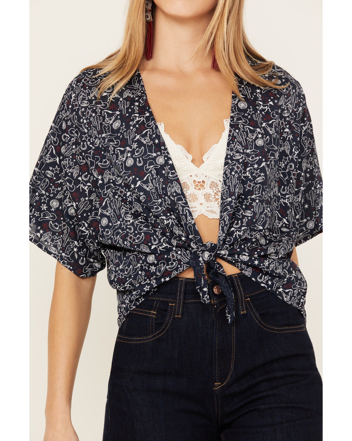 Image #3 - Ariat Women's Howdy Print Short Sleeve Tie Front Wrap, , hi-res