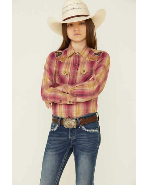 Image #1 - Ariat Girls' R.E.A.L Enchanting Plaid Print Embroidered Yoke Long Sleeve Snap Western Shirt , , hi-res