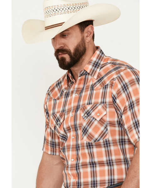 Image #2 - Ely Walker Men's Plaid Print Short Sleeve Pearl Snap Western Shirt , Orange, hi-res