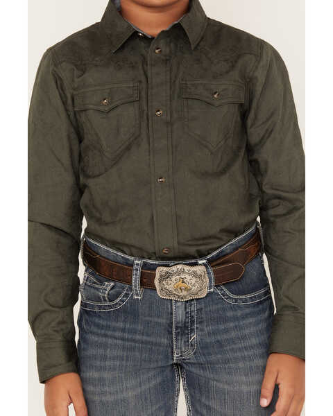Cody James Boys' Jacquard Long Sleeve Snap Western Shirt, Olive, hi-res