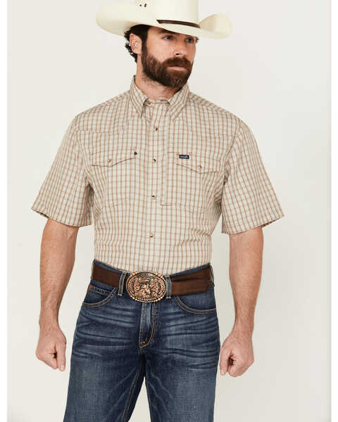 Wrangler Men's Plaid Print Short Sleeve Snap Performance Western Shirt , Tan, hi-res