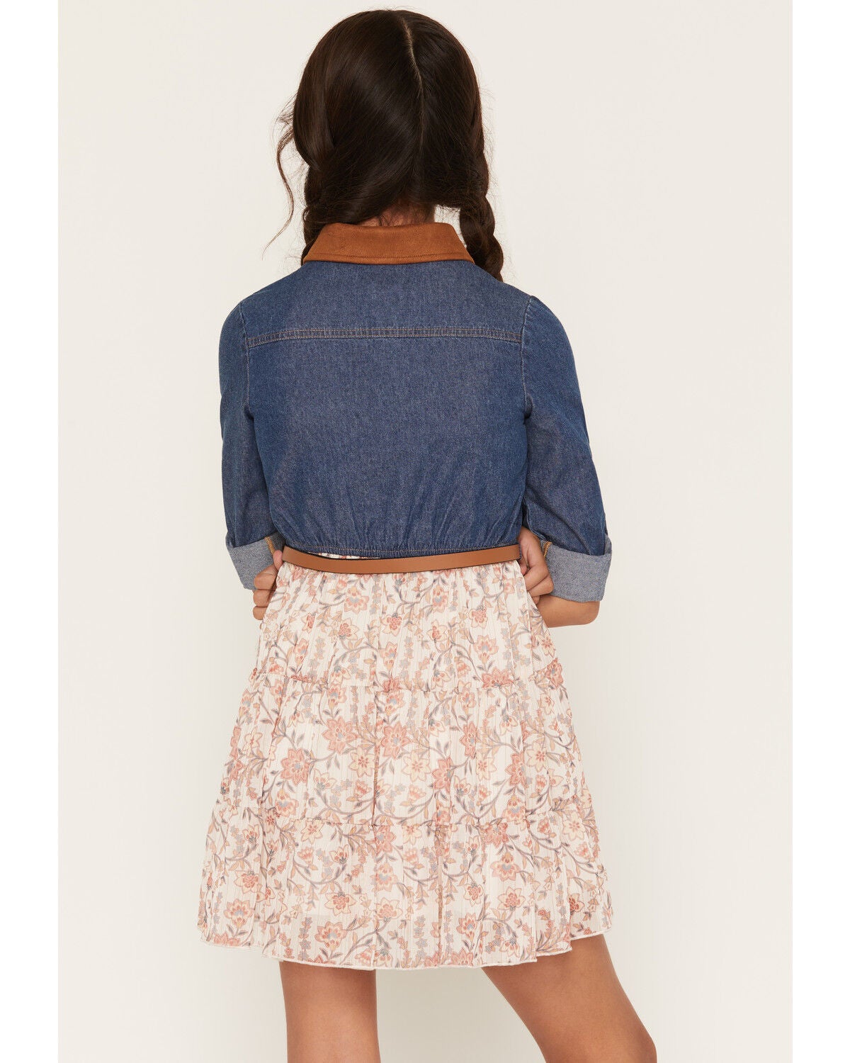 Image #4 - Sugar California Girls' 3/4 Sleeve Denim Floral Print Mini Dress, Multi, hi-res