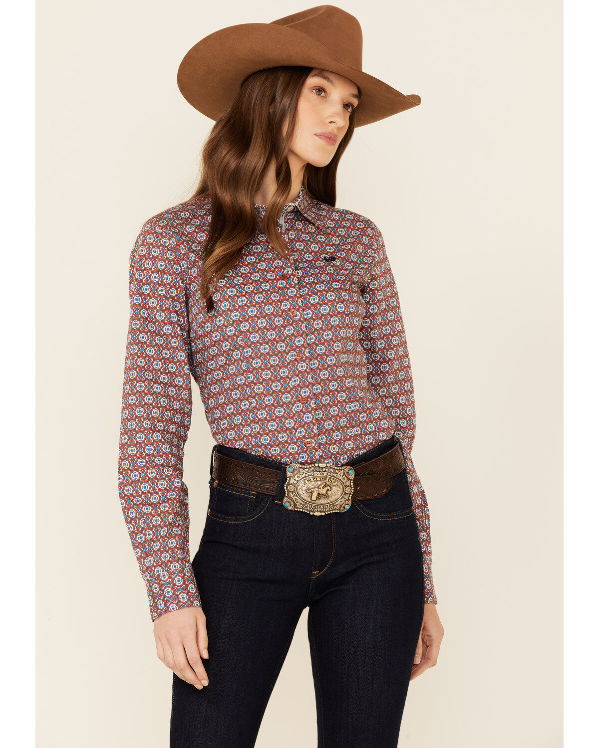 Image #1 - Cinch Women's Geo Print Long Sleeve Button Down Western Core Shirt, , hi-res