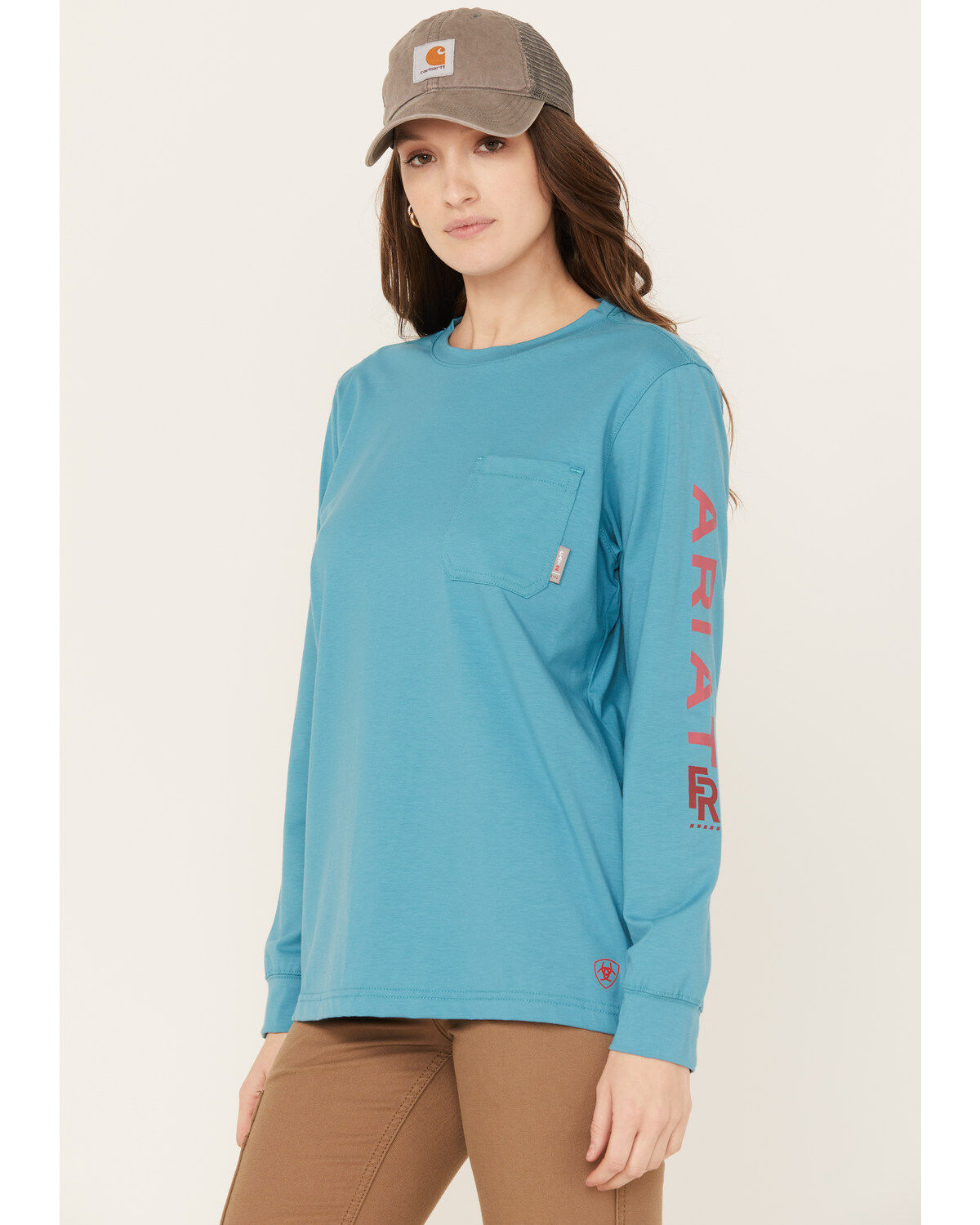 Image #1 - Ariat Women's FR Stretch Logo Long Sleeve Work Shirt, Light Blue, hi-res