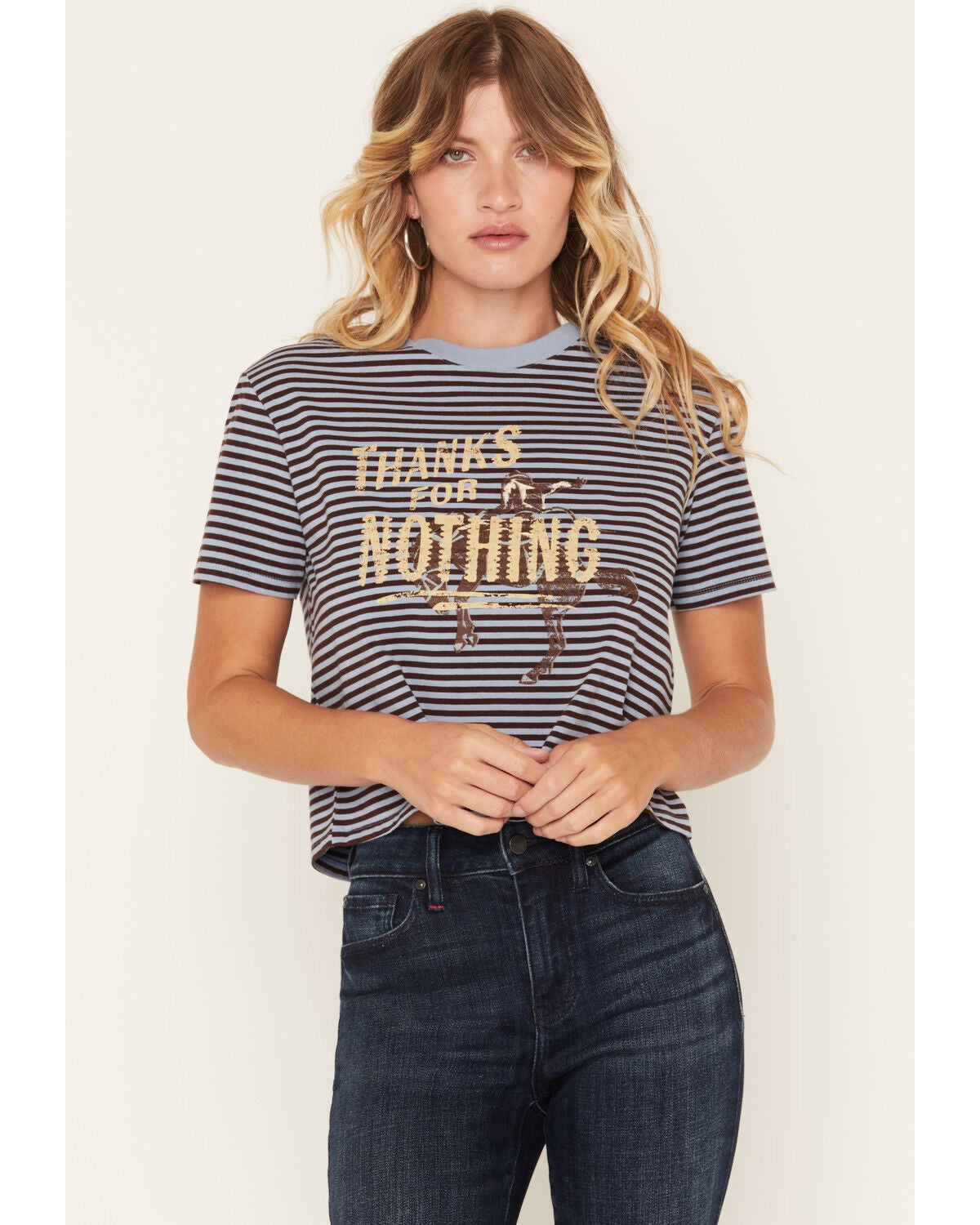 Nikxie Women's Thanks Striped Short Sleeve Graphic Tee, Blue, hi-res