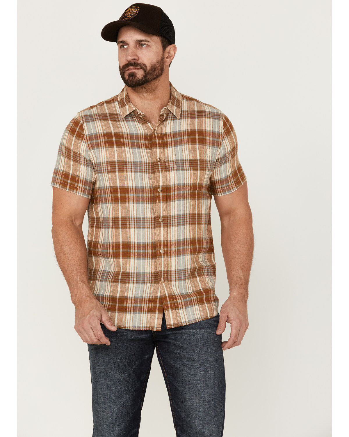 Image #1 - Pendleton Men's Linen Plaid Short Sleeve Button Down Western Shirt, Yellow, hi-res