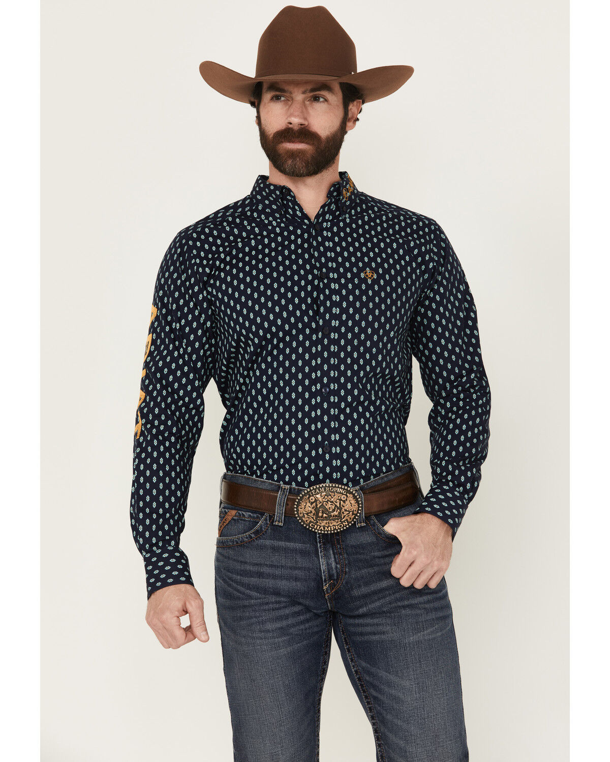 Image #2 - Ariat Men's Team Powell Printed Long Sleeve Button-Down Western Shirt, Navy, hi-res