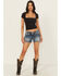 Image #3 - Miss Me Women's Medium Wash Mid Rise Fleur de Lis Bootcut Stretch Denim Shorts, Medium Wash, hi-res