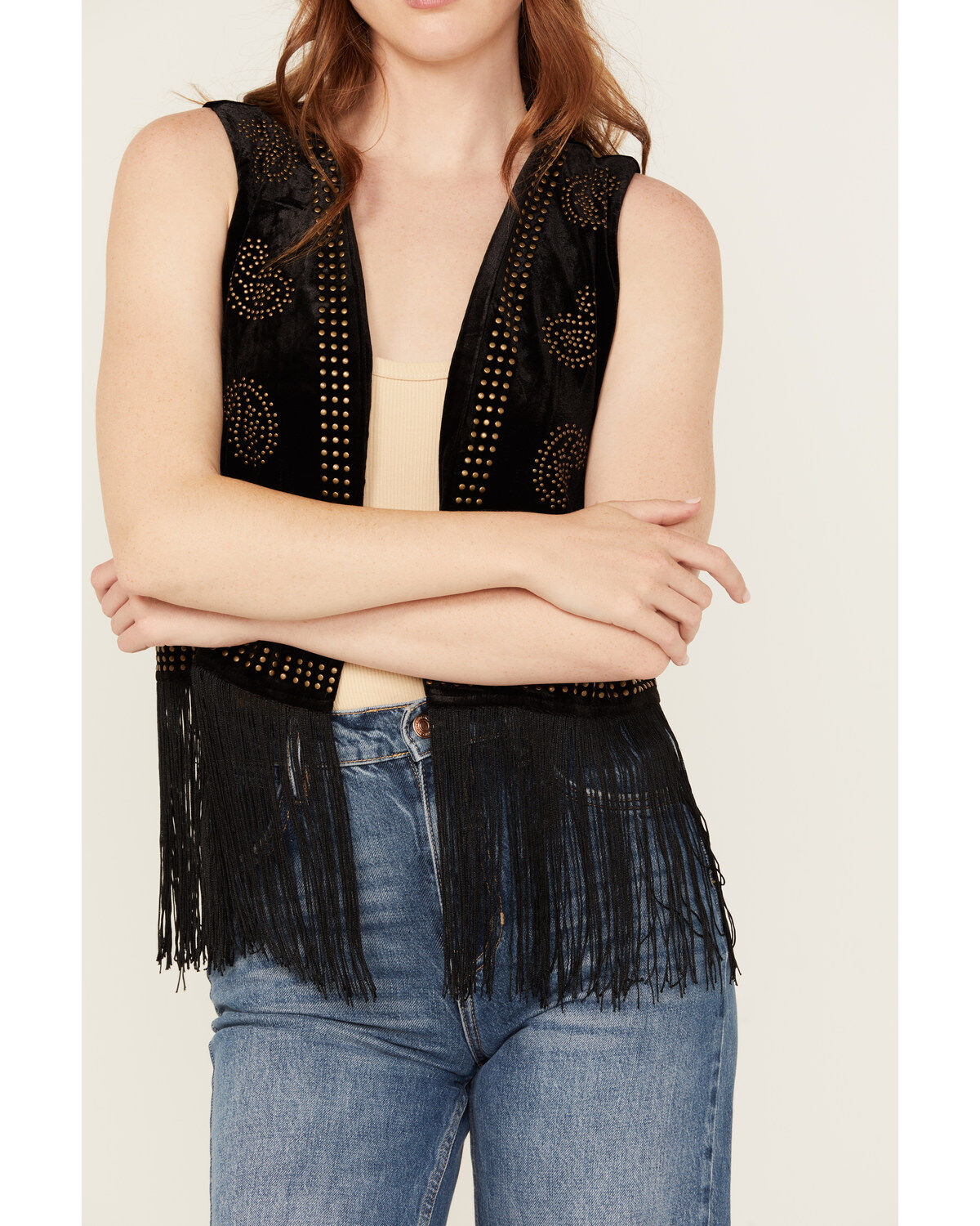 Image #2 - Vocal Women's Studded Faux Suede Fringe Vest, Black, hi-res