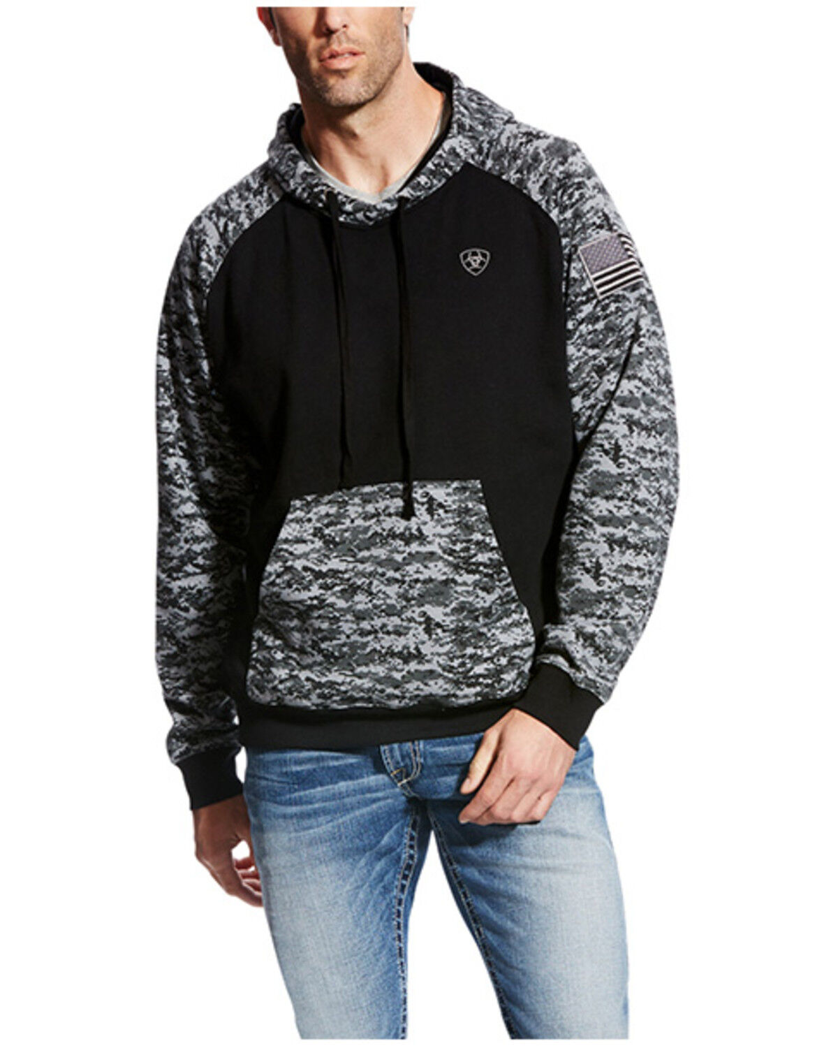 Image #1 - Ariat Men's Patriot Camo Print Hooded Sweatshirt - Big, Black, hi-res