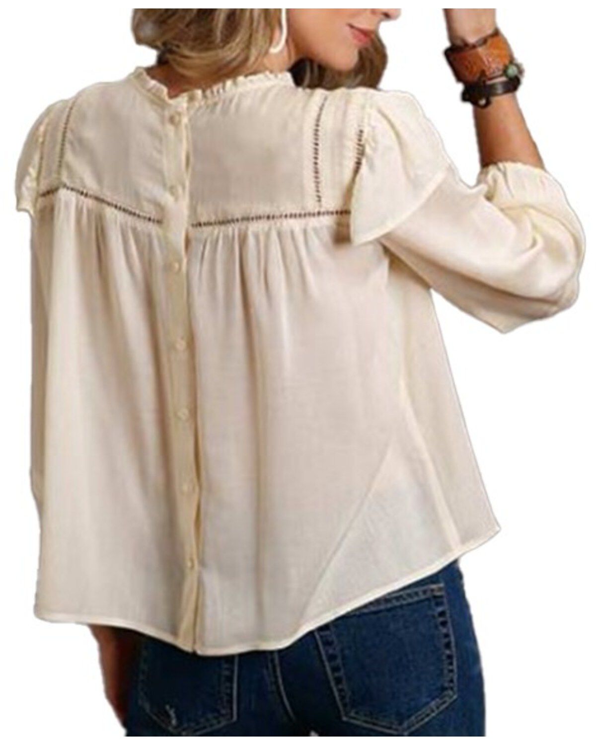 Image #2 - Stetson Women's Cream Herringbone Pleated Long Sleeve Blouse Top, Cream, hi-res
