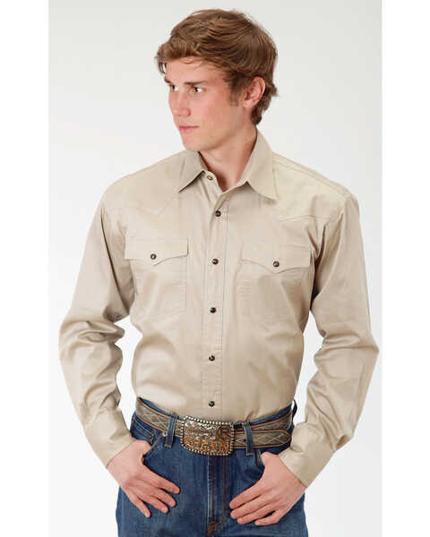Image #1 - Roper Men's Solid Poplin Long Sleeve Snap Western Shirt, Tan, hi-res
