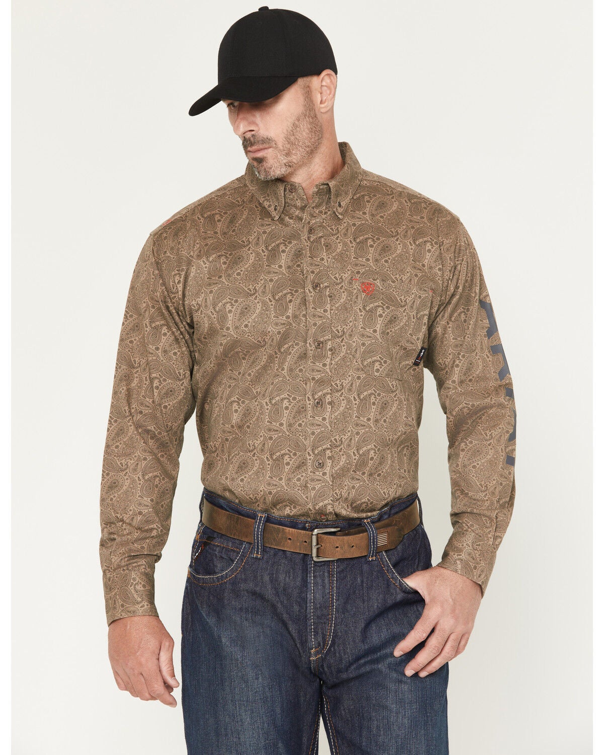 Image #1 - Ariat Men's FR Gehrig Paisley Print Long Sleeve Button-Down Work Shirt, Brown, hi-res