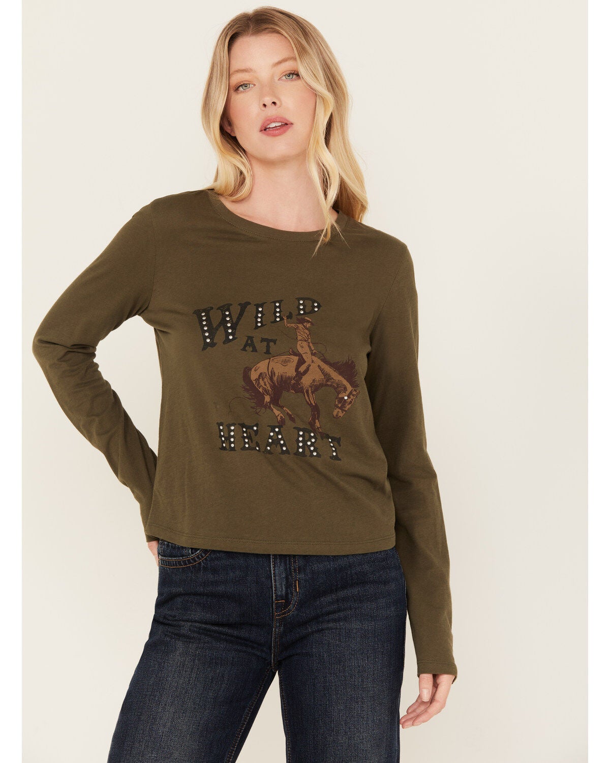 White Crow Women's Wild Heart Studded Long Sleeve Graphic Tee, Olive, hi-res