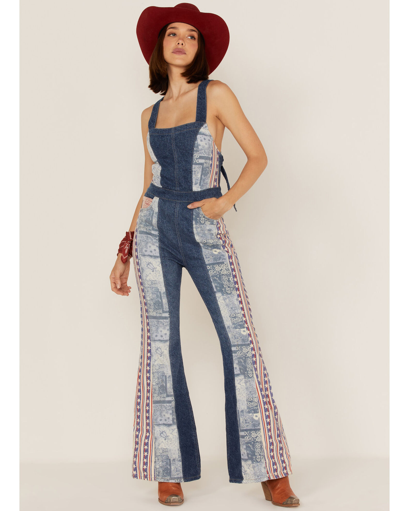 Free People Dallas Denim Flare Hem Jumpsuit in Americana Combo