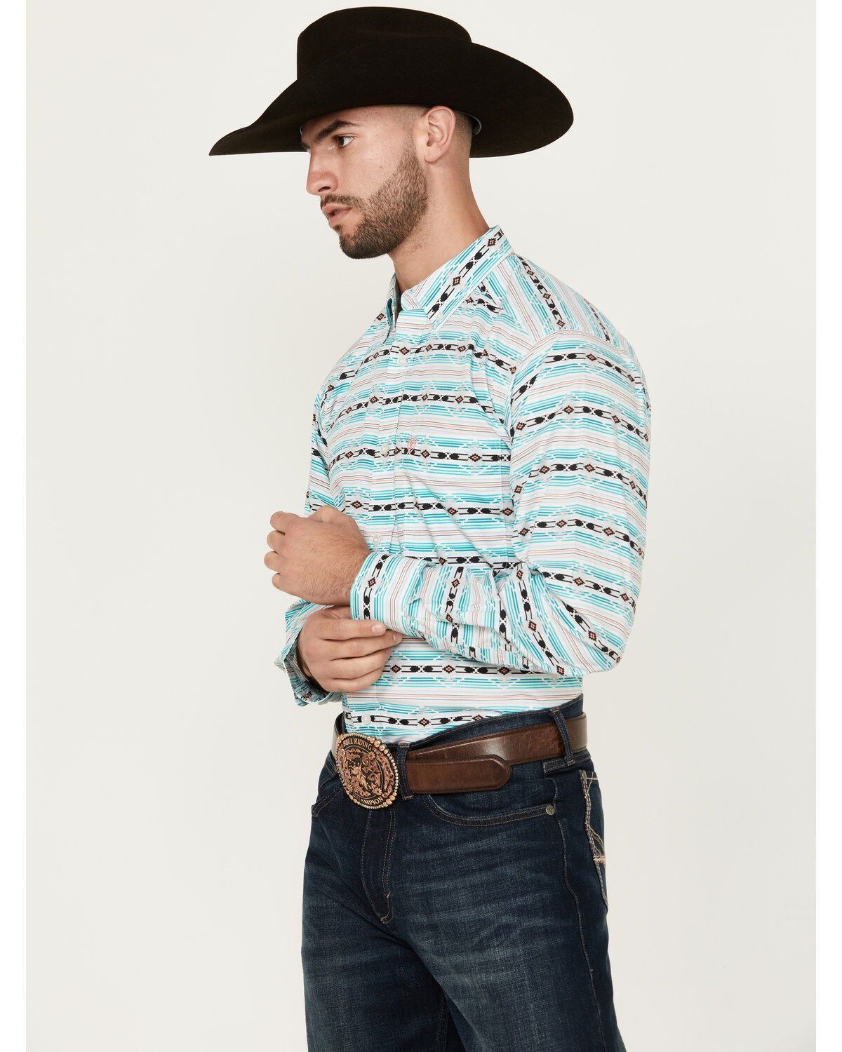 Image #2 - Ariat Men's Jefferson Southwestern Striped Long Sleeve Button-Down Western Shirt, Turquoise, hi-res