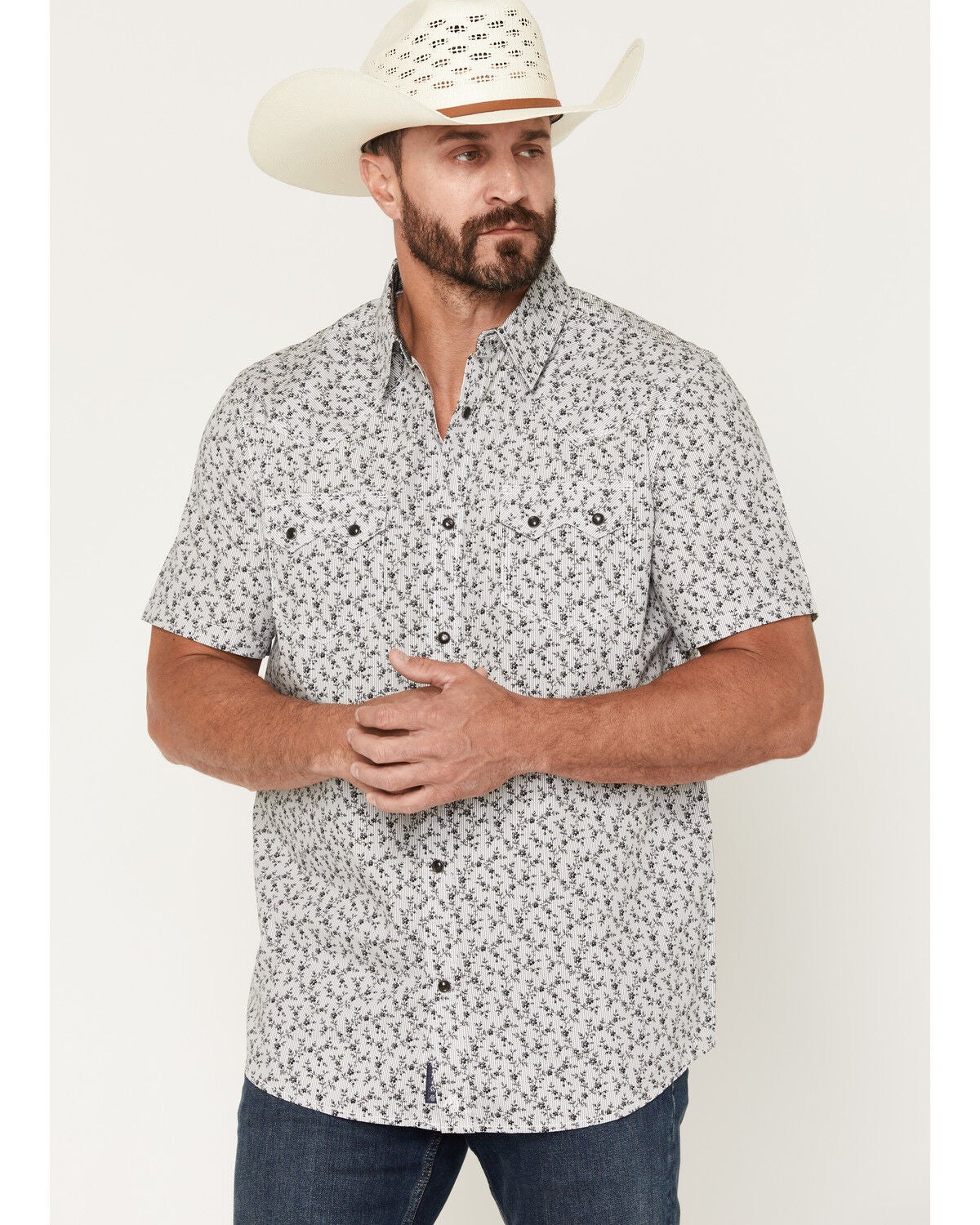 Image #1 - Moonshine Spirit&reg; Men's Runaway Floral Print Short Sleeve Snap Western Shirt, White, hi-res