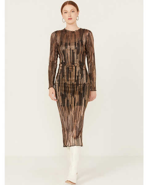 En Creme Women's Striped Mesh Long Sleeve Midi Dress, Brown, hi-res