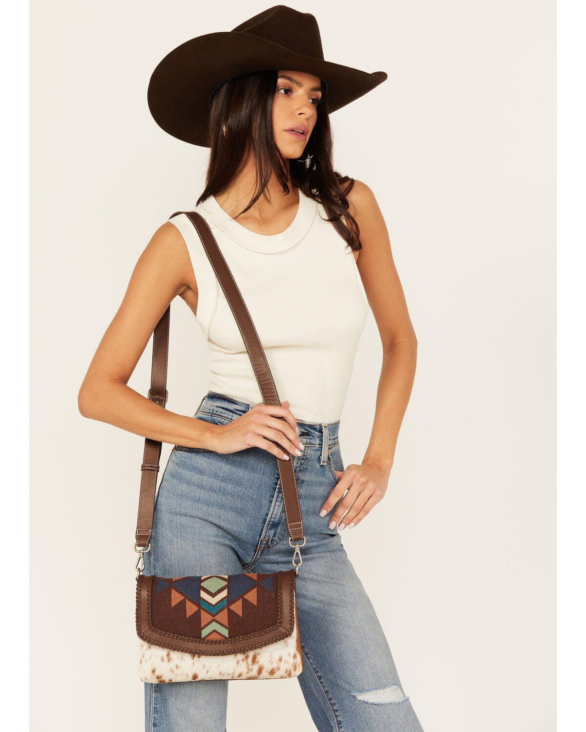 Shyanne Women's Southwestern Hair-On Crossbody Bag, Dark Brown, hi-res