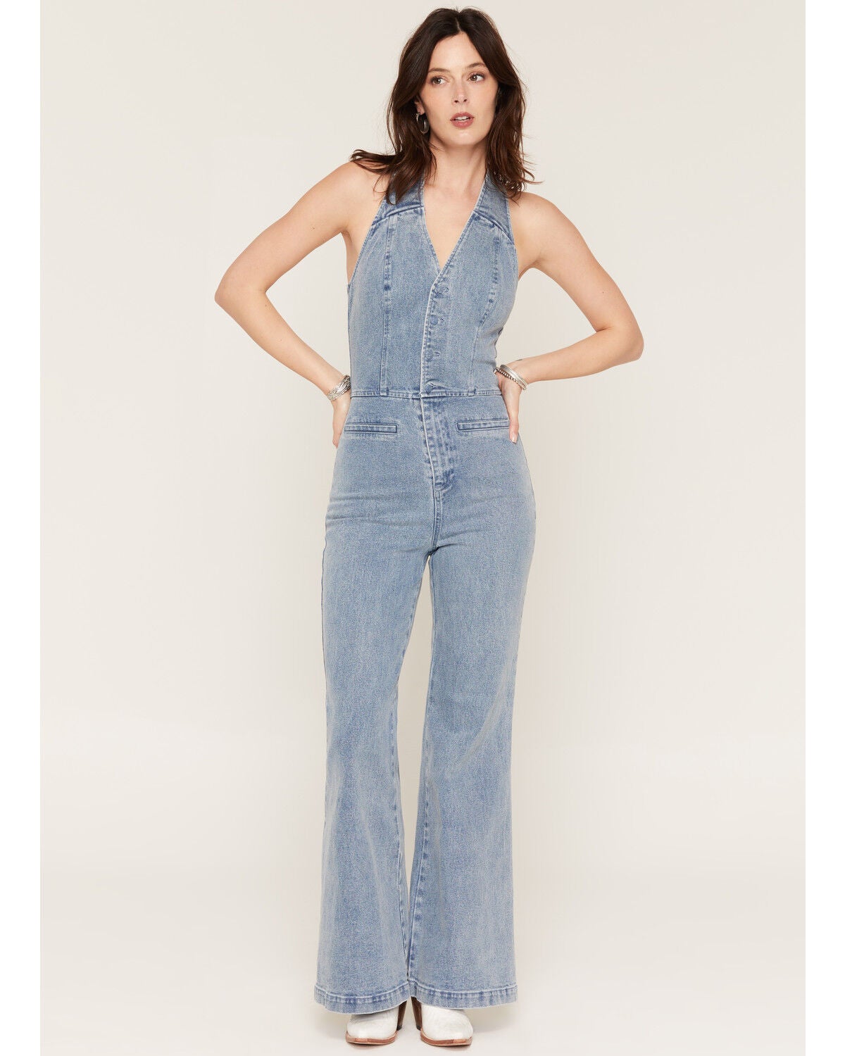 Flying Tomato Women's Light Wash Halter Denim Jumpsuit, Light Wash, hi-res