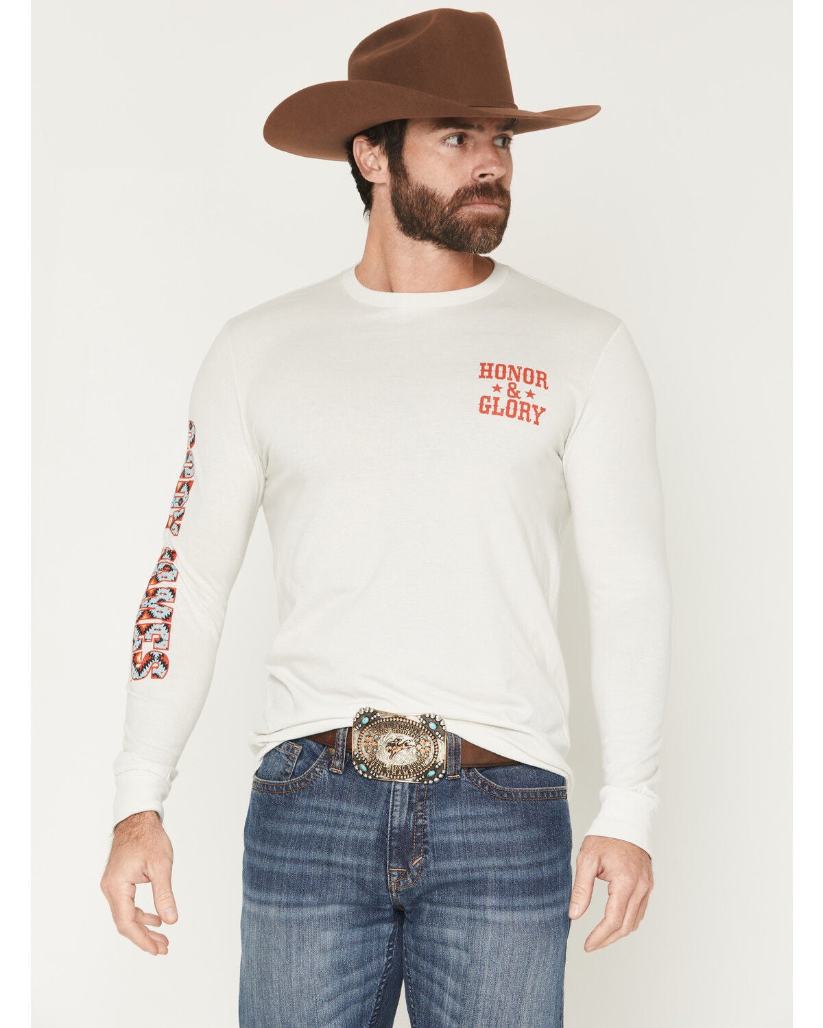 Image #1 - Cody James Men's Southwestern Logo Long Sleeve Graphic T-Shirt, Cream, hi-res