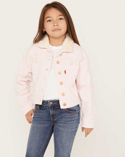 Levi's Youth-Girls' Oversized Corduroy Fleece Collar Trucker Jacket, Pink, hi-res