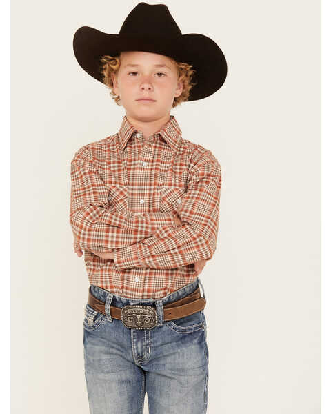 Panhandle Boys' Plaid Print Long Sleeve Snap Stretch Western Shirt, Rust Copper, hi-res