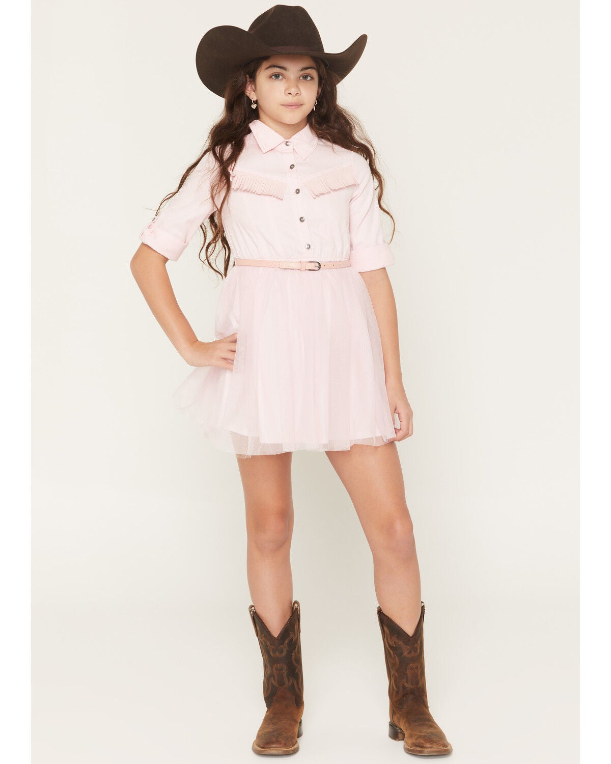 Image #1 - Sugar California Girls' Fringe Long Sleeve Button-Down Denim Tutu Dress, Blush, hi-res