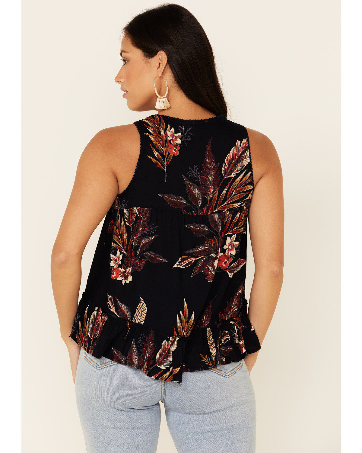 Image #4 - Patrons Of Peace Women's Floral Print Ruffle Trim Tank Top, Black, hi-res