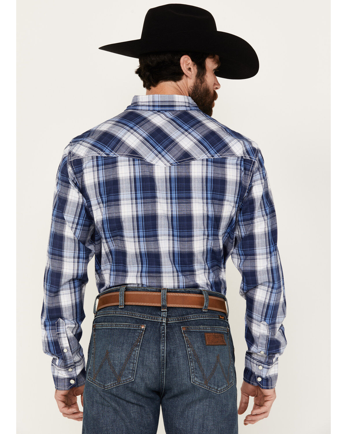 Image #4 - Wrangler 20X Men's Plaid Print Long Sleeve Snap Western Shirt, Navy, hi-res