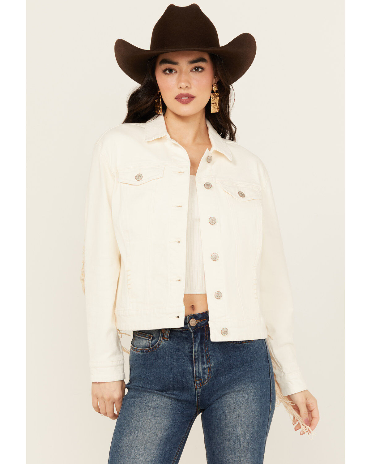 Image #2 - Shyanne Women's Oversized Macrame Fringe Denim Trucker Jacket, Cream, hi-res