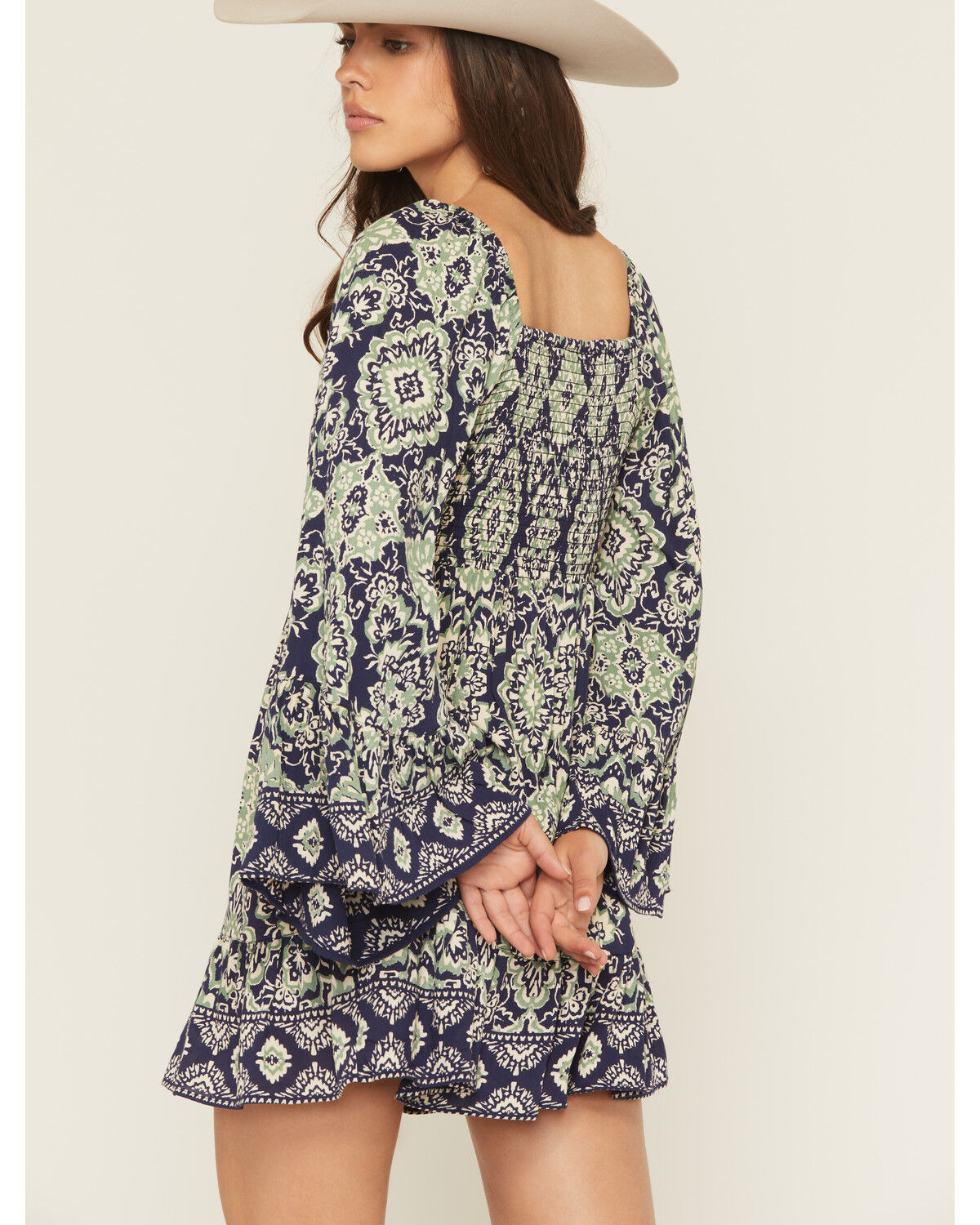Angie Women's Geo Print Long Sleeve Smocked Front Mini Dress