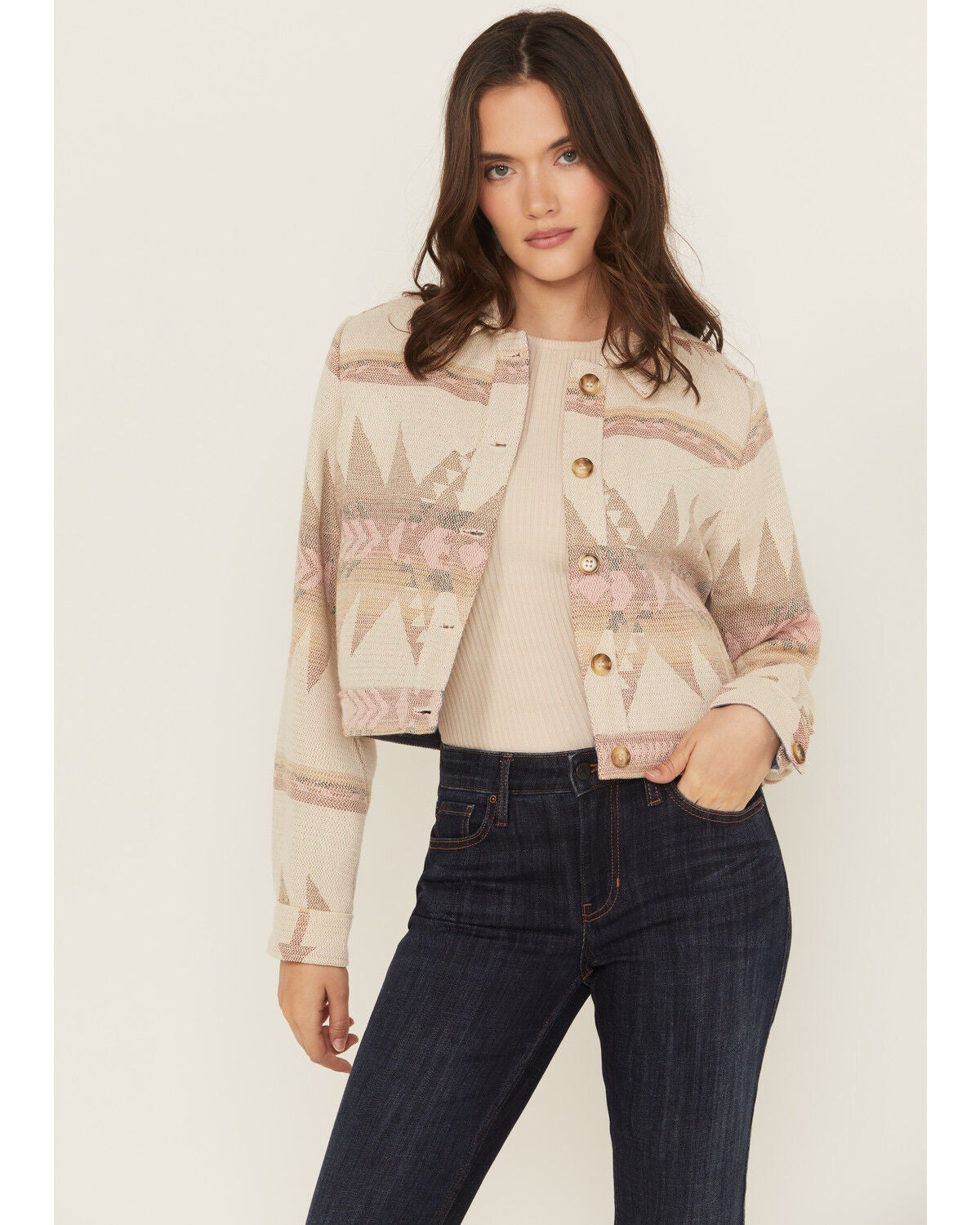 Idyllwind Women's Mercer Southwestern Print Cropped Shacket, Nude, hi-res