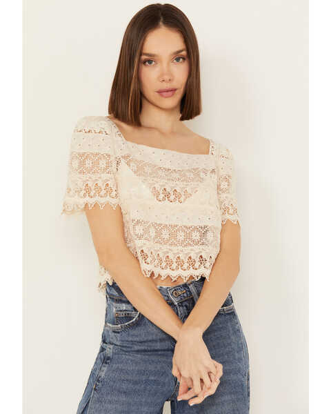 By Together Women's Crochet Short Sleeve Peasant Top, Cream, hi-res