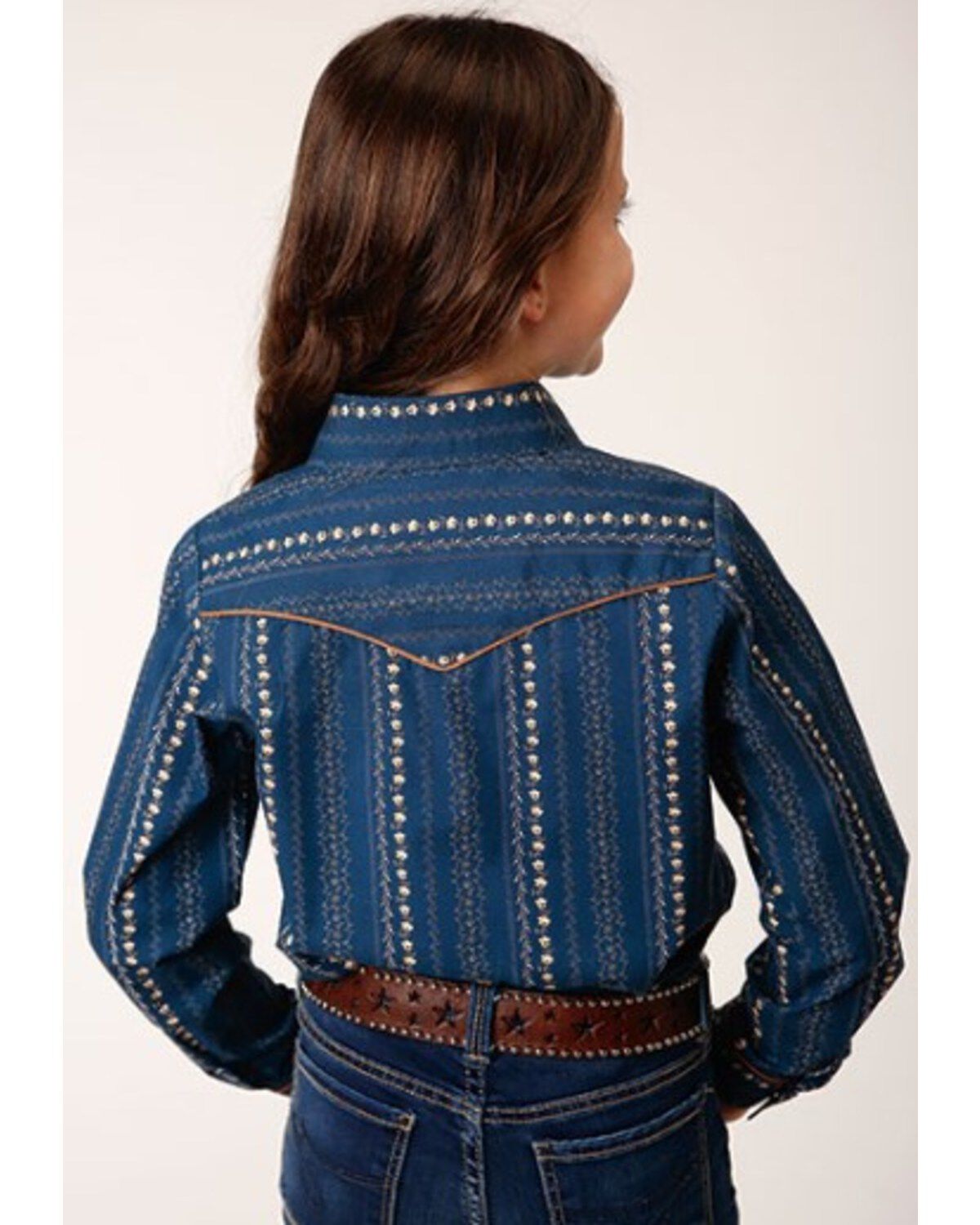 Image #2 - Roper Girls' Floral Print Long Sleeve Snap Western Shirt, Blue, hi-res