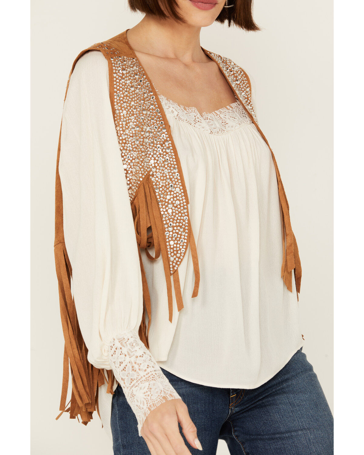 Image #3 - Vocal Women's Rhinestone Cropped Faux Suede Vest, Camel, hi-res
