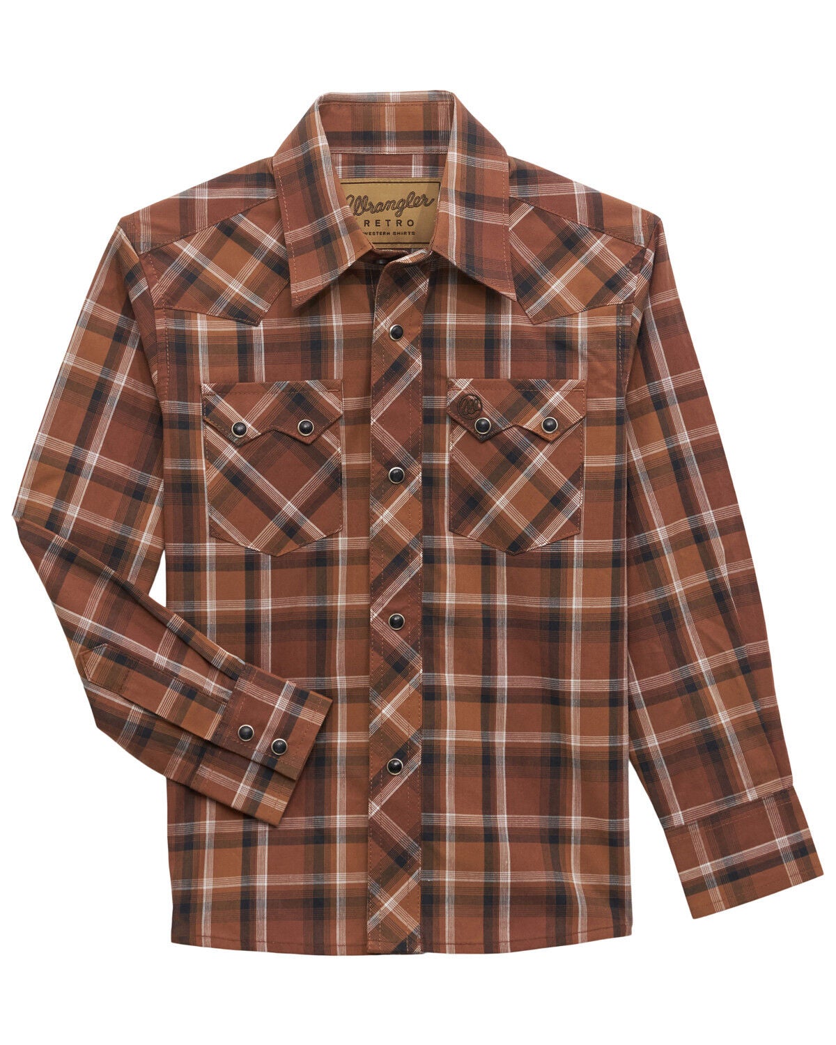 Wrangler Retro Boys' Plaid Print Long Sleeve Snap Western Shirt, Brown, hi-res
