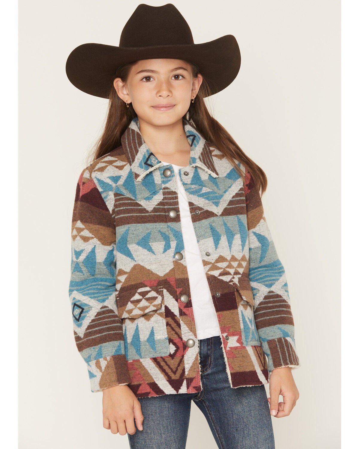 Shyanne Girls' Iris Reversible Southwestern Print Shacket, Turquoise, hi-res