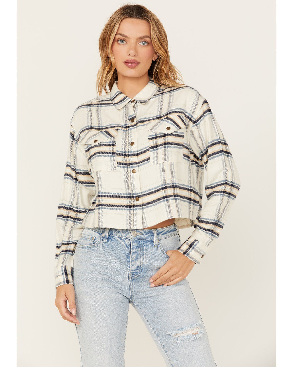 Cleo + Wolf Women's Cropped Plaid Print Flannel Shirt, Cream, hi-res