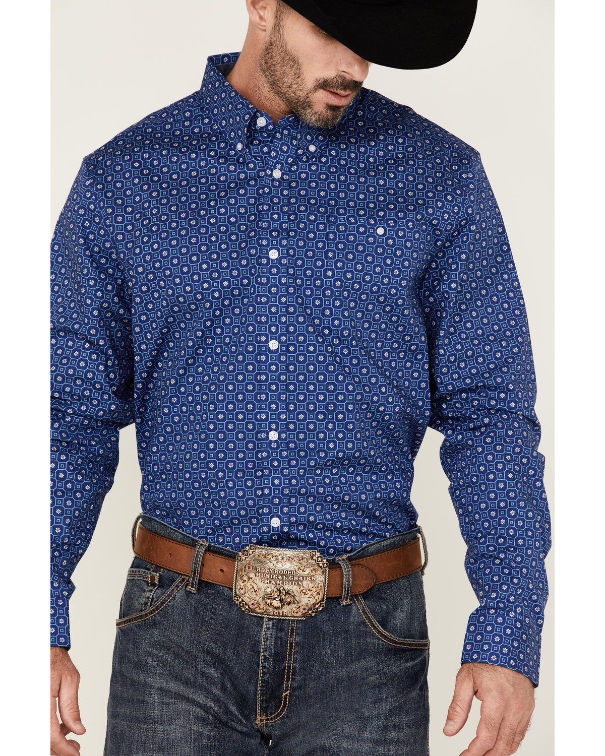 Image #3 - RANK 45® Men's High Roller Geo Print Long Sleeve Button-Down Western Shirt, Blue, hi-res