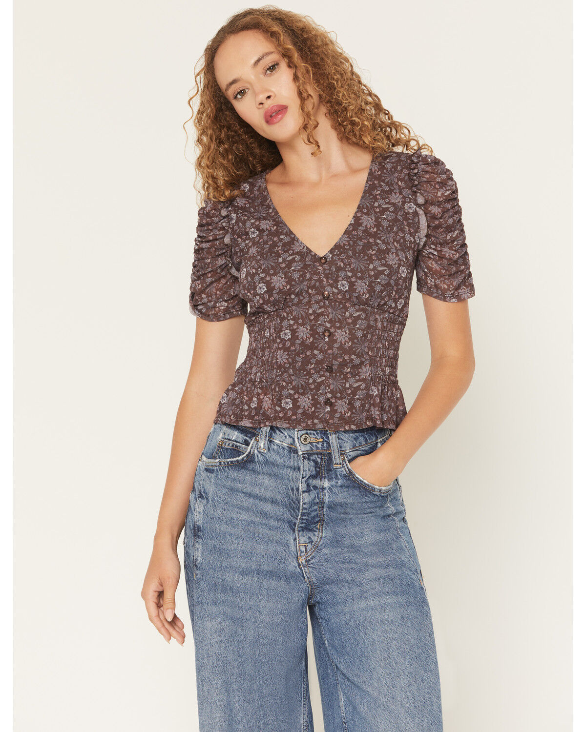 Image #1 - Trixxi Women's Floral Print Quarter Sleeve Mesh Top, Black, hi-res