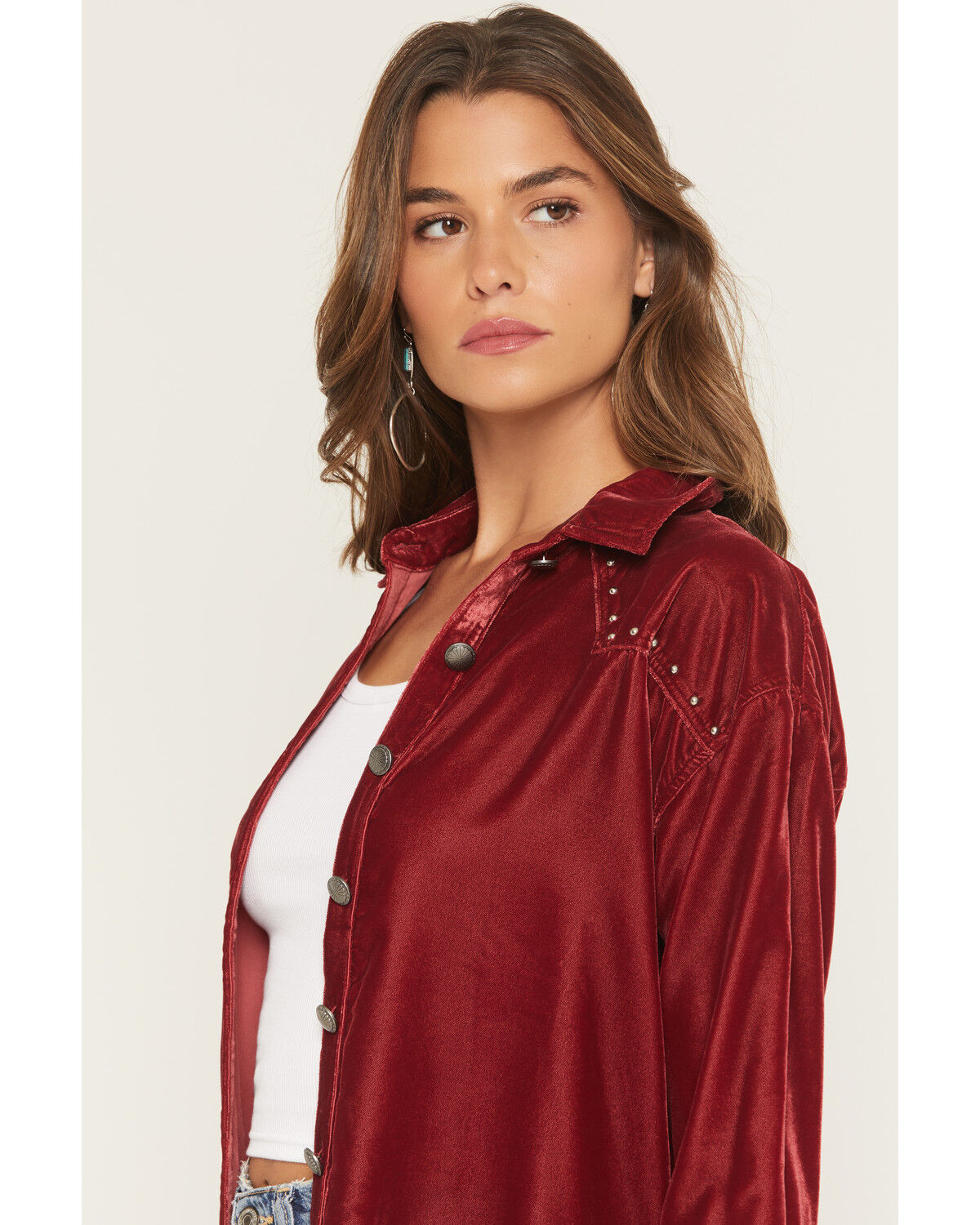 Image #2 - Rock & Roll Denim Women's Boot Barn Exclusive Oversized Velvet Long Sleeve Concho Button-Down Shirt, Burgundy, hi-res