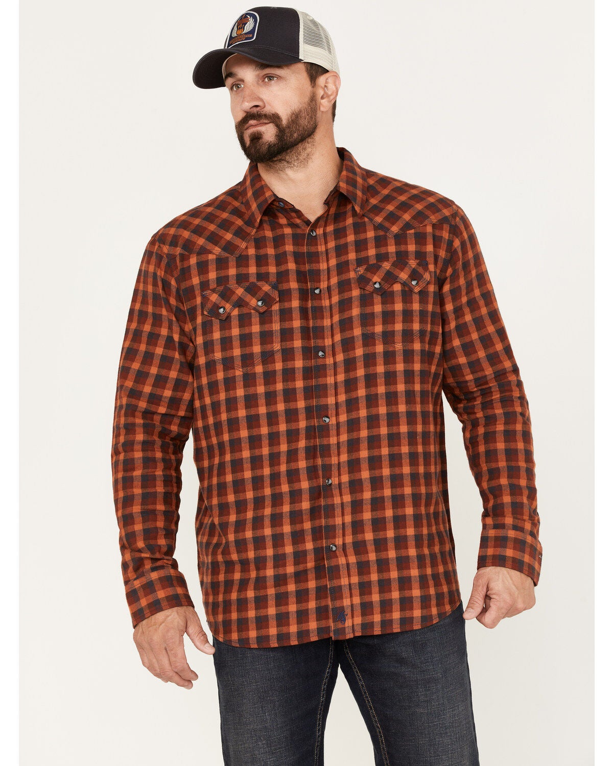 Moonshine Spirit&reg; Men's Burning Flame Plaid Print Long Sleeve Snap Western Flannel Shirt, Rust Copper, hi-res