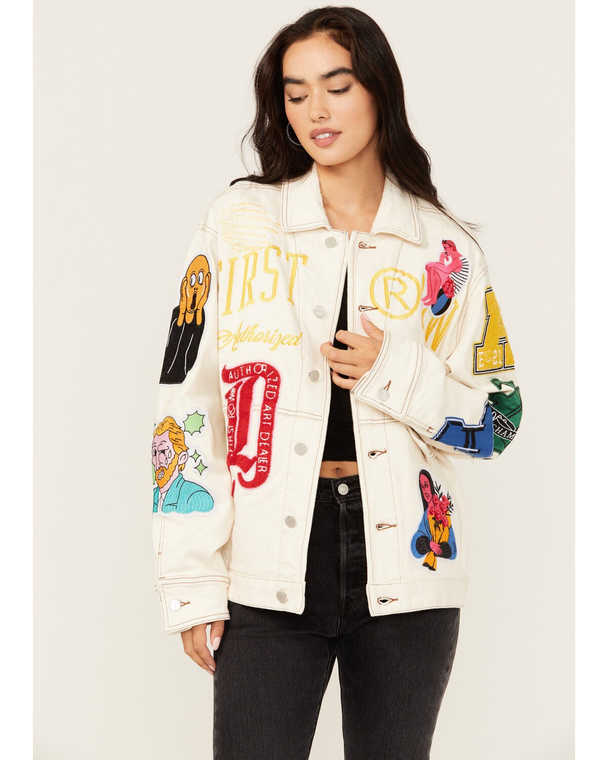 First Row Women's Embroidered Denim Jacket, Khaki, hi-res