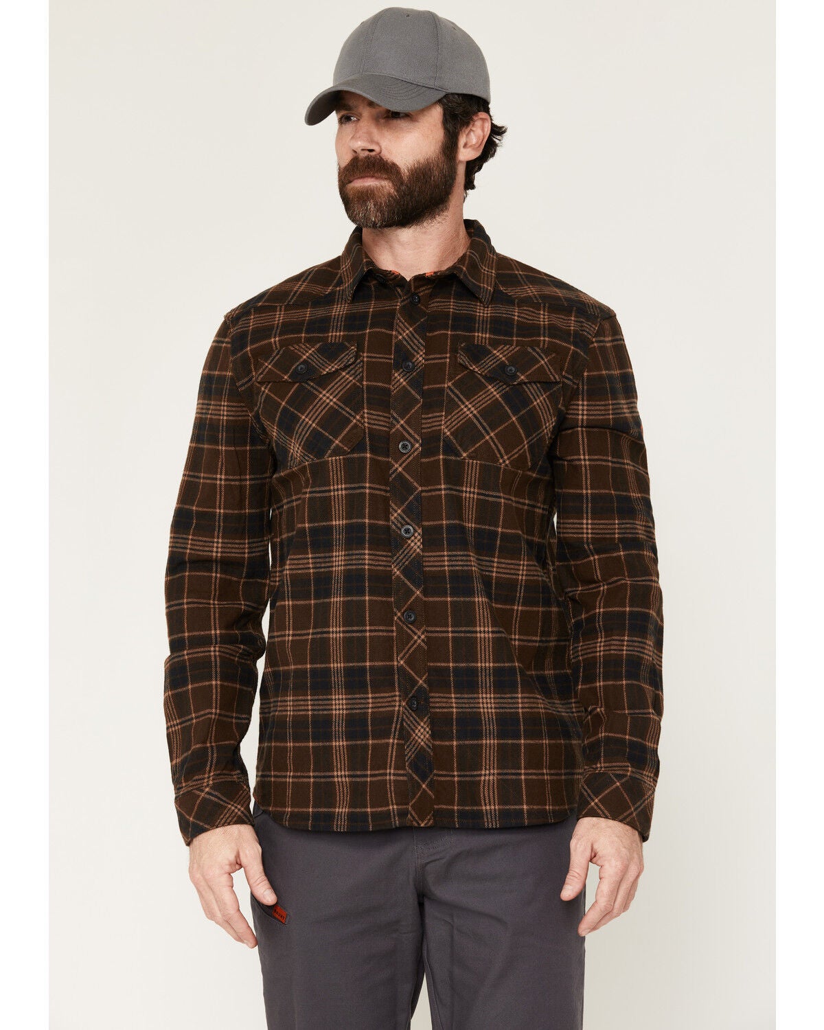 Brunt Workwear Men's Plaid Print Long Sleeve Button-Down Flannel Shirt, Brown, hi-res
