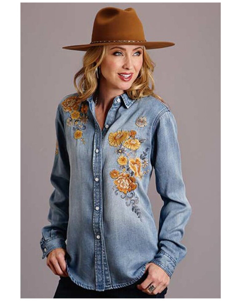 Stetson Women's Light Wash Floral Embroidered Denim Long Sleeve Western