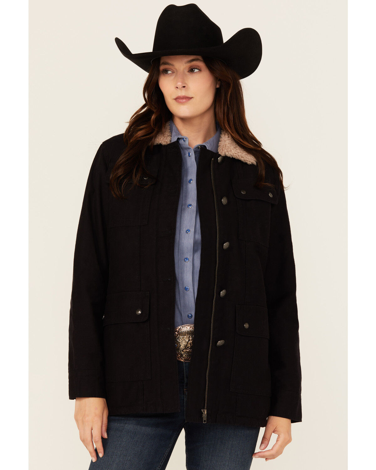Image #1 - Shyanne Women's Canvas Sherpa Lined Button-Down Jacket, Black, hi-res